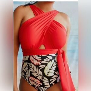 NWOT Eloquii Red/Leaf Print Swimsuit - Size 16